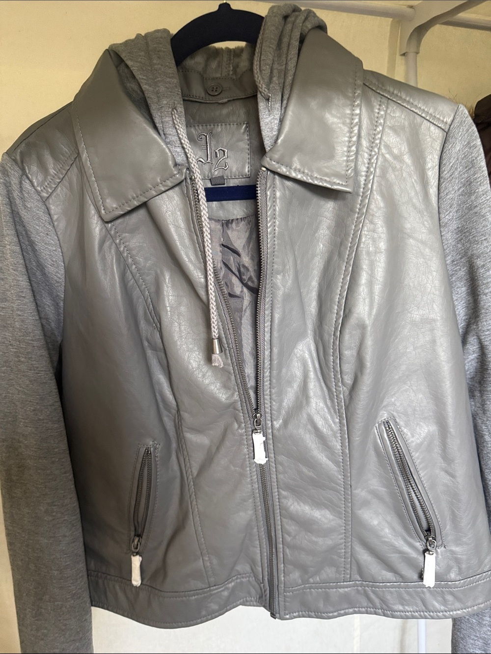 Juniors  Gray Leather Zip Jacket with Hoodie. NWT